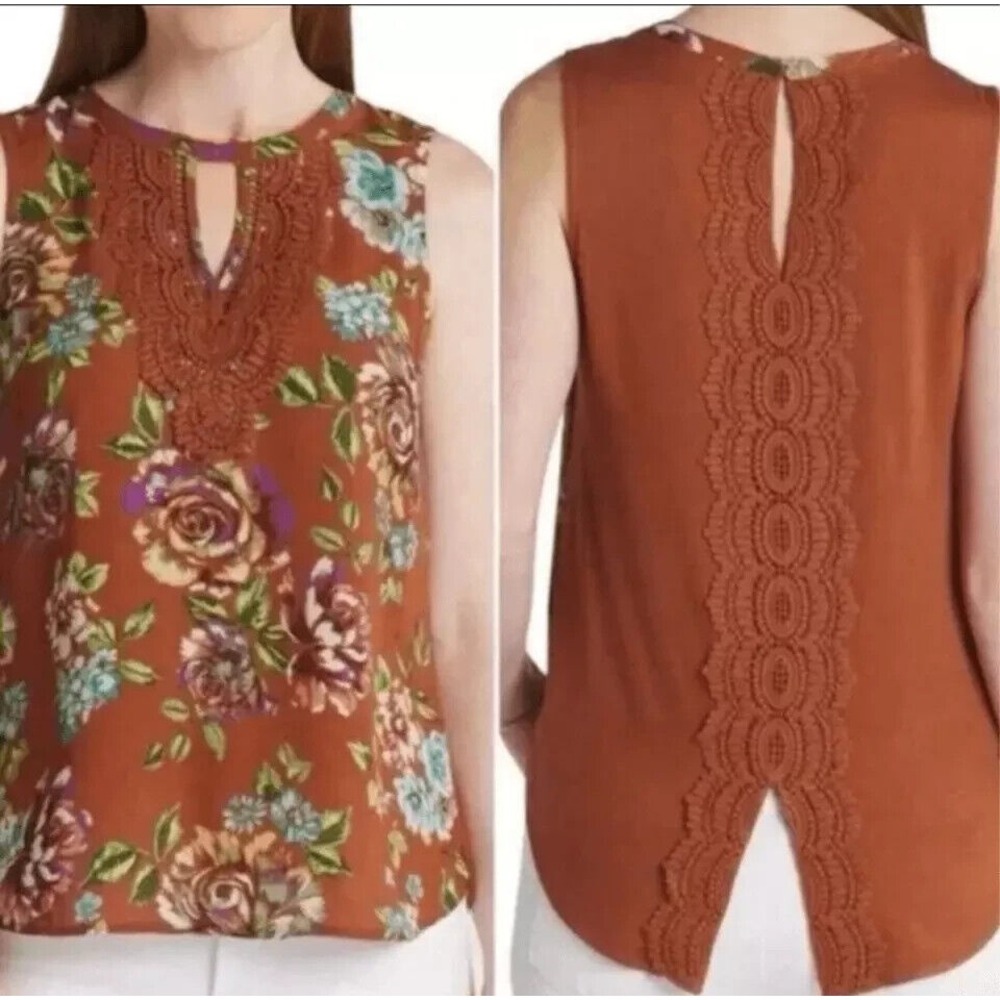 DANIEL‎ RAINN CROCHET TRIM SLEEVELESS BLOUSE Women's Size Medium RUST FLORAL